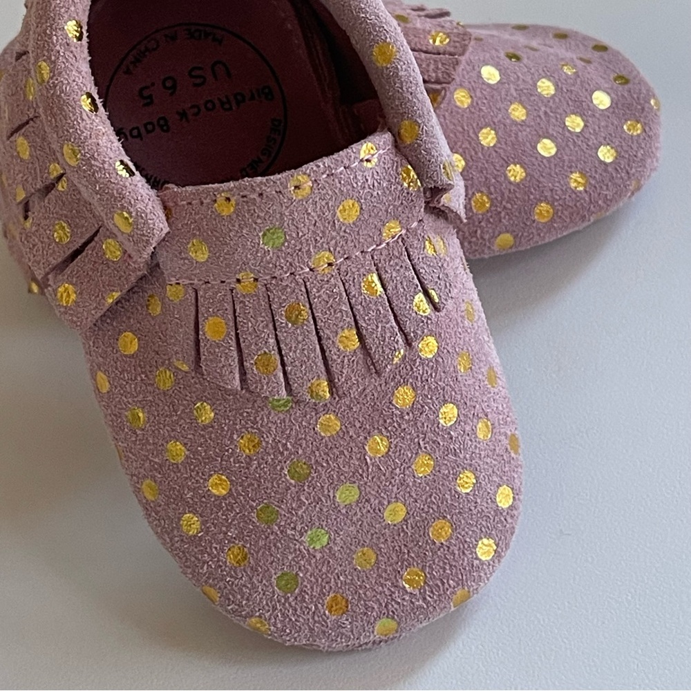 Bird Rock Baby Confetti Blush Pink and Gold Dots Moccasins Sz 6.5 Girl’s Fringe - Picture 3 of 15
